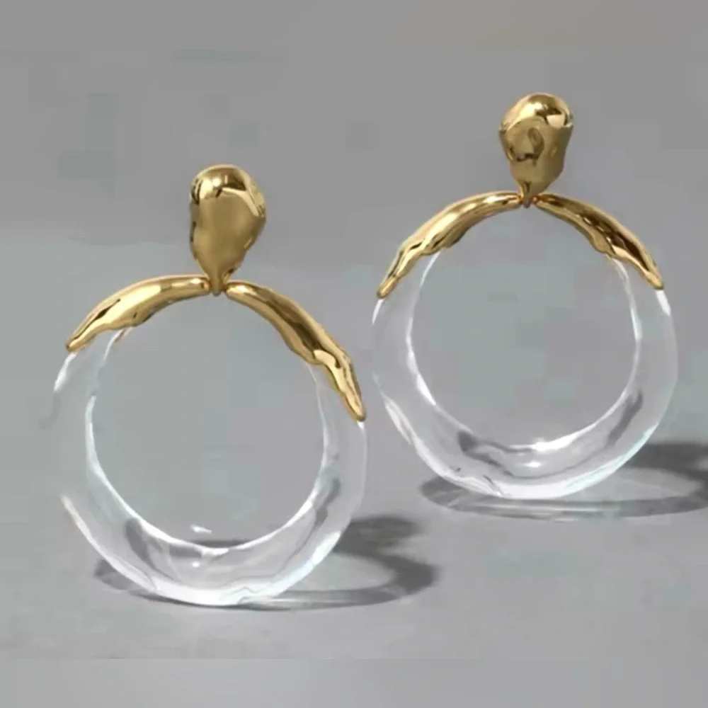 Alexis Bittar Molten Gold Metal and Clear Lucite Hoop Drop Earrings - Picture 1 of 8